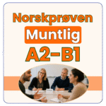 Norskprøven muntlig A2-B1 med to kandidater i samtale og sensorer som vurderer svarene under prøven.