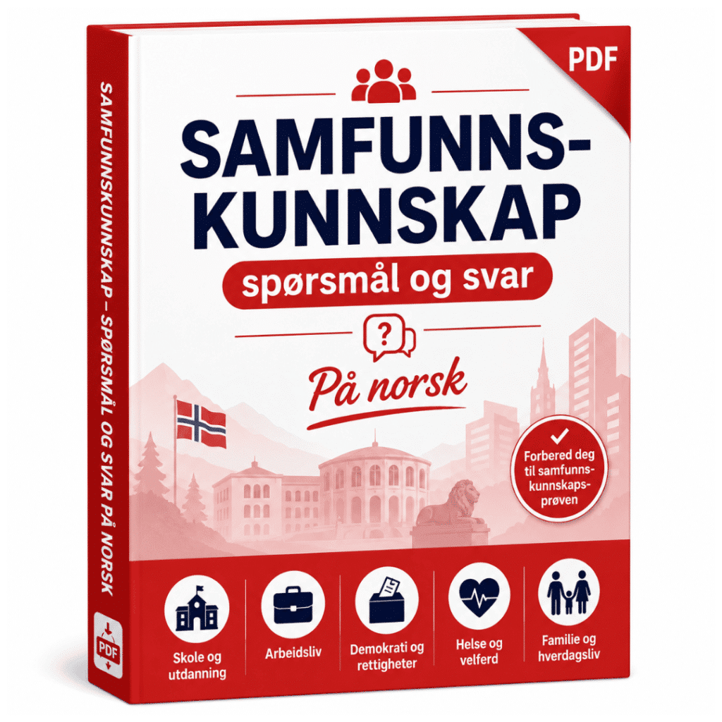 PDF med spørsmål og svar til samfunnskunnskapsprøven på norsk om skole, arbeid, helse og demokrati i Norge.