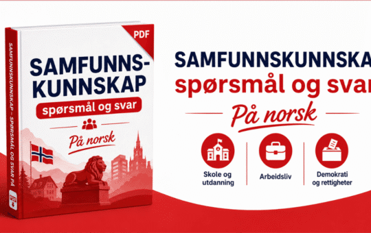 PDF med spørsmål og svar til samfunnskunnskapsprøven på norsk om skole, arbeid, helse og demokrati i Norge.